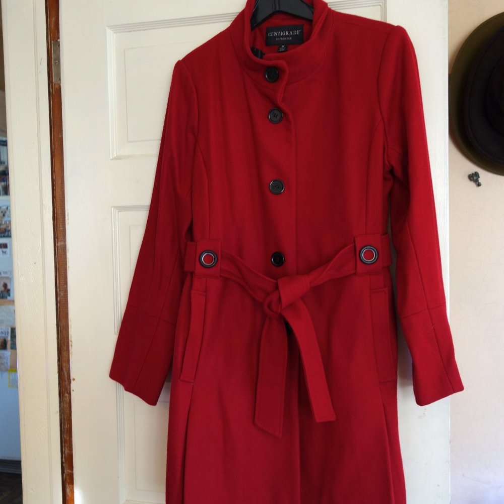 Centigrade Red Wool Blend Funnel Neck Coat with Self-Tie Belt Size Medium